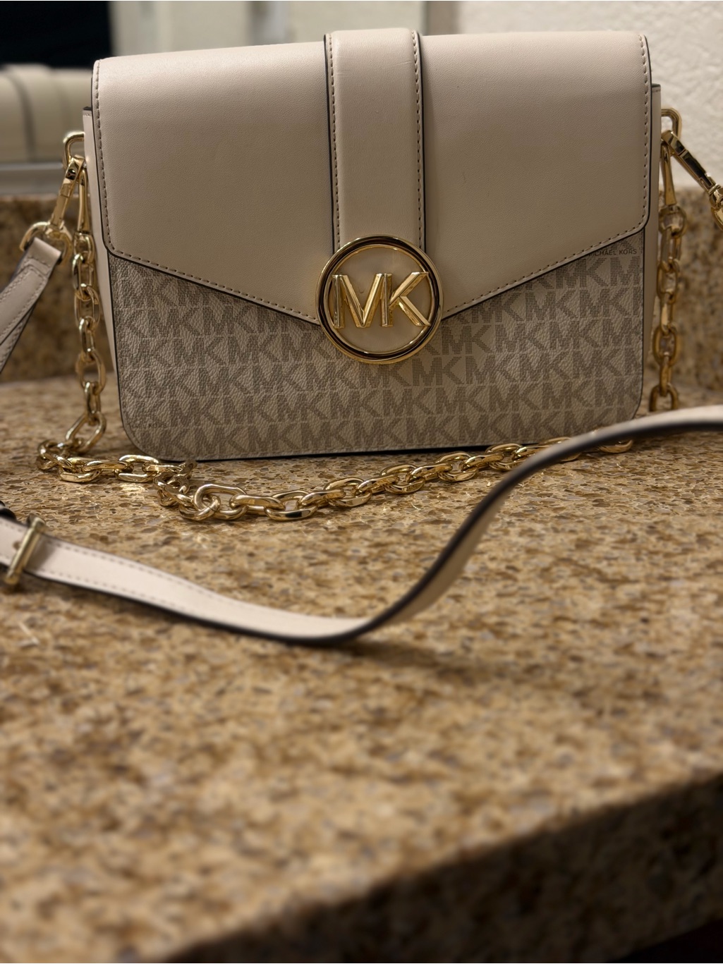 Michael Kors Cream And Beige Logo Crossbody With Gold Chain